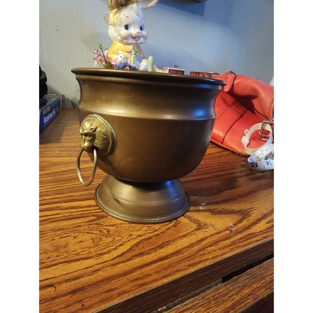 Vintage French Brass Lion Head Handled Planter Pot Antique Gold 19th Century